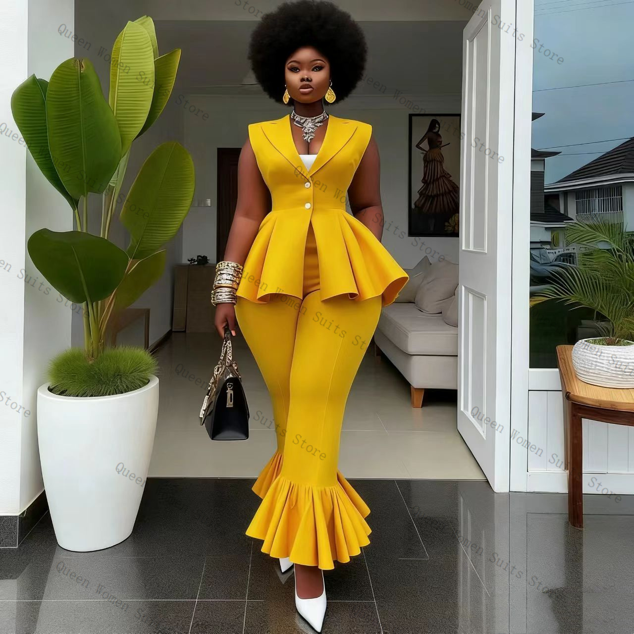 Women Formal Wear Trousers - Yellow Women Suit Pants Set 2