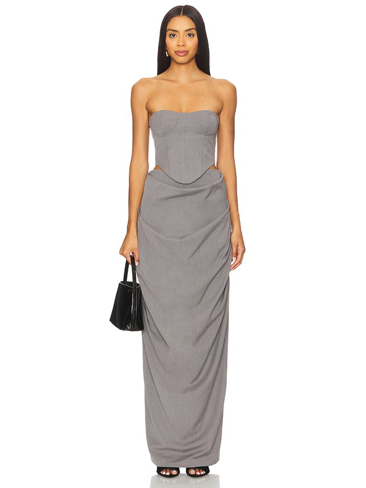 Female Formal Wear - Grey Off Shoulder Corset Ruched Dress