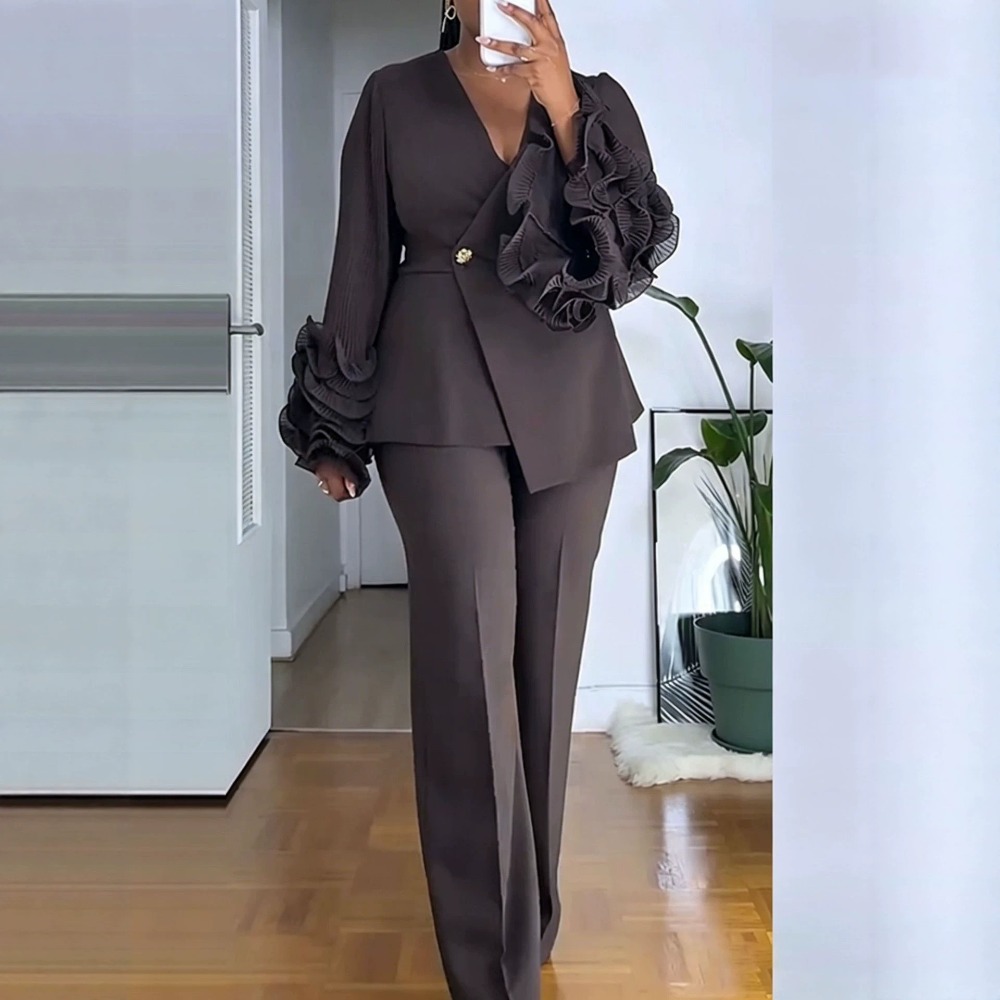 Female Formal Wear - Women's 2‑Piece Pant Suit Deep‑V Ruffle