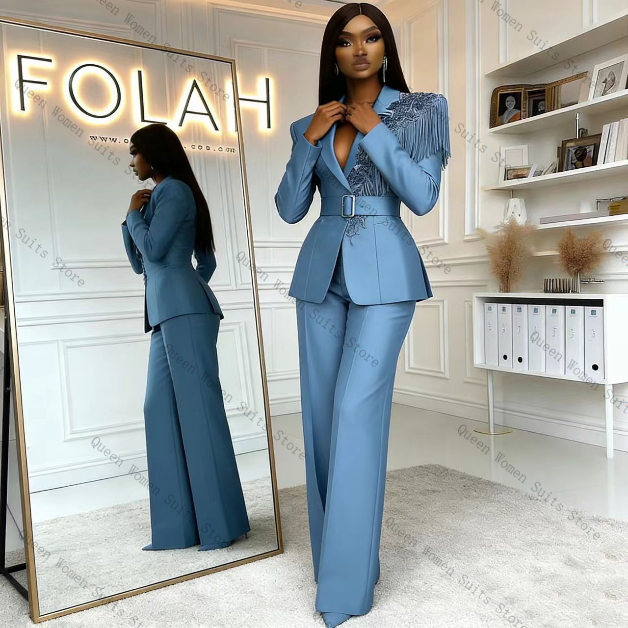 Tassel Blue Women Suit Pants S - Women Formal Wear Trousers ulasan dan harga
