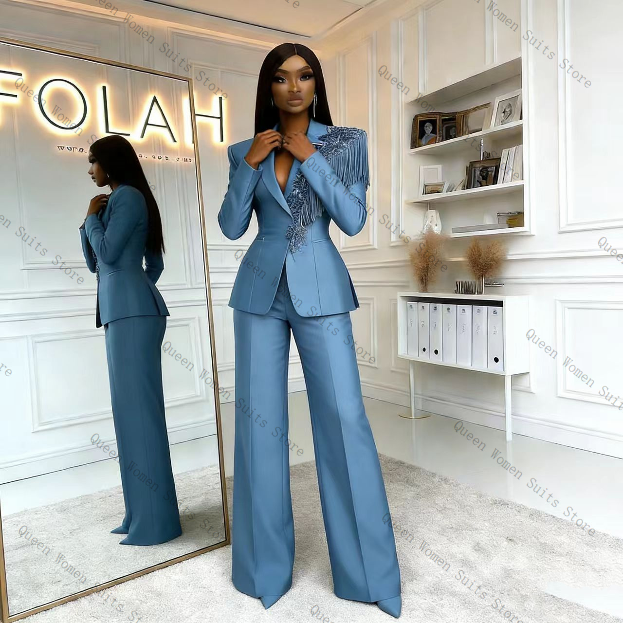 Tassel Blue Women Suit Pants S - Women Formal Wear Trousers ulasan dan harga