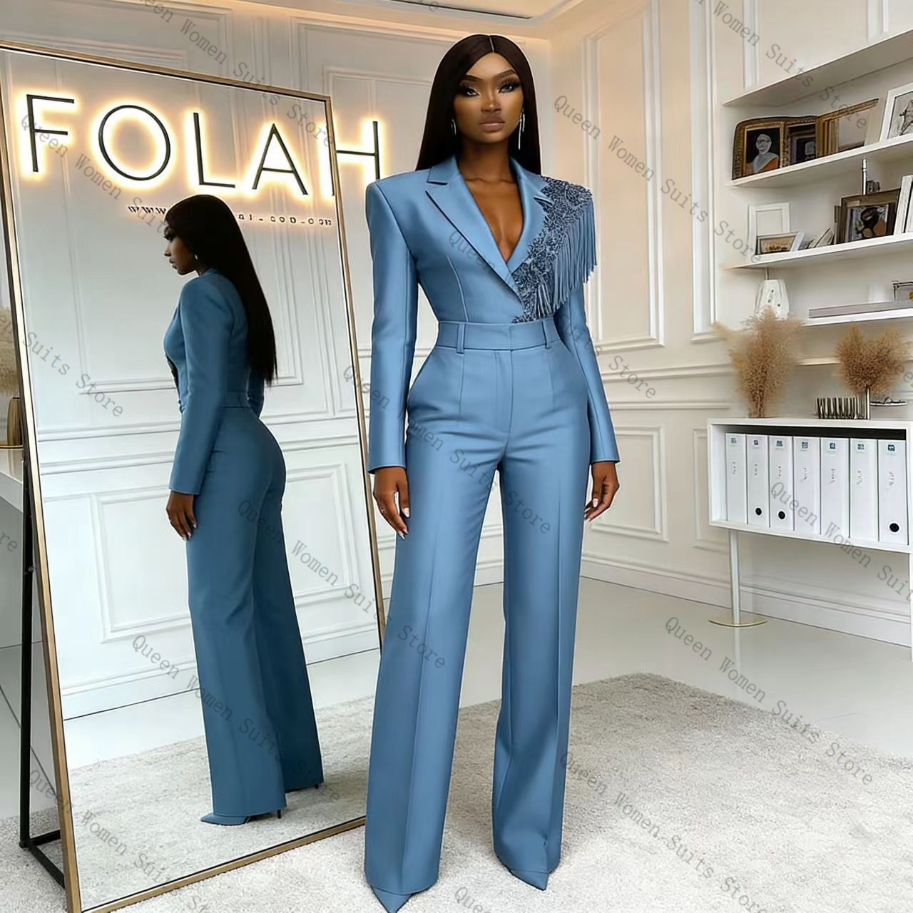 Tassel Blue Women Suit Pants S - Women Formal Wear Trousers ulasan dan harga