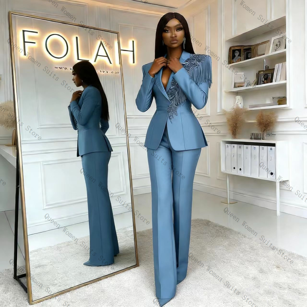 Tassel Blue Women Suit Pants S - Women Formal Wear Trousers ulasan dan harga